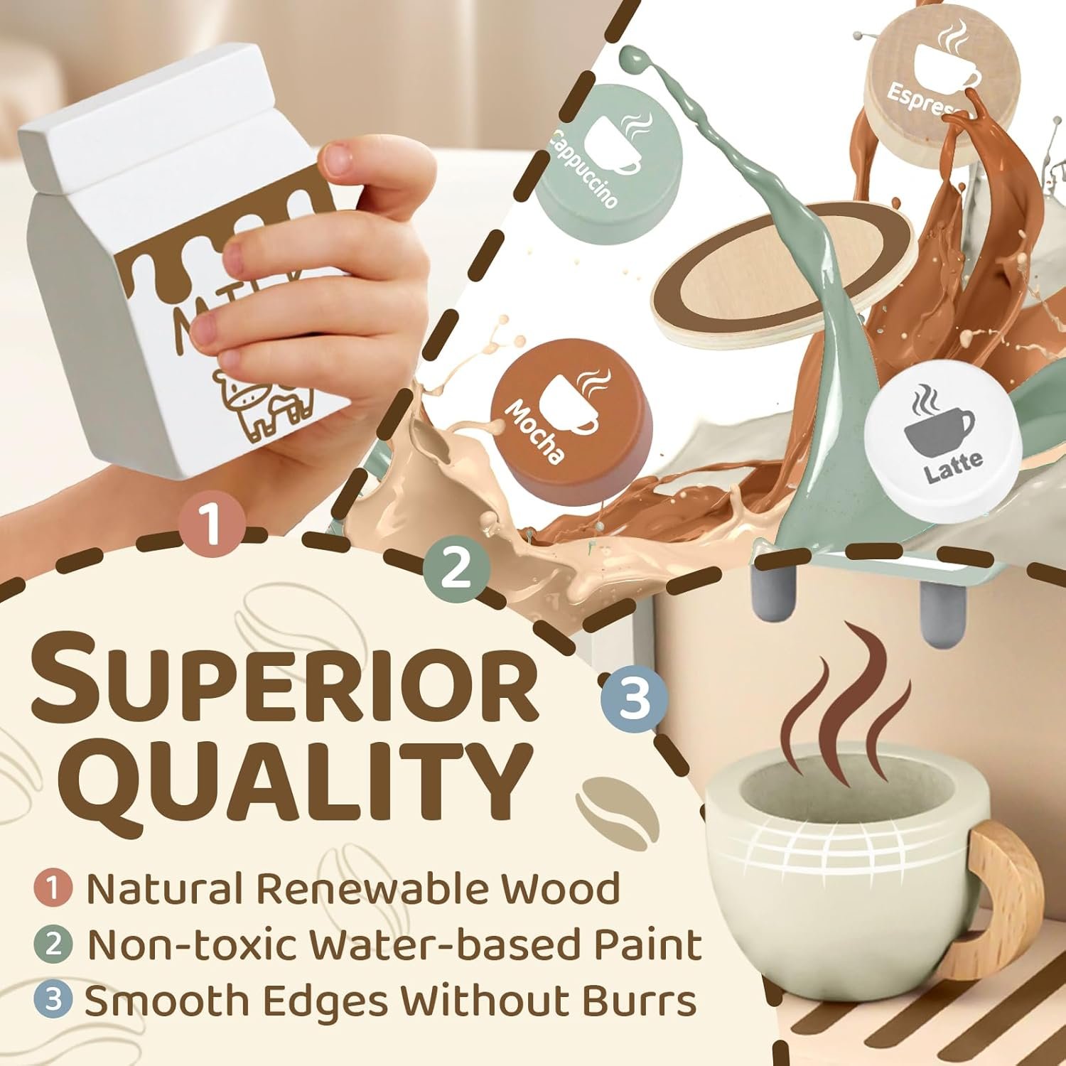 Airlab Toy Coffee Maker for Kids Wooden Kitchen Accessories Pretend Play Toddler Coffee Playset for Girls Boys Ages 3 4 5 Years Birthday Gifts - Image 3
