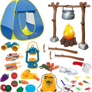 Kids Camping Set with Campfire, Play Tent , Binoculars, Oil Lantern, Toddlers Pretend Cutting Fruits, Marshmallow, Camping Toys Play Set for Boys Girls 3-5 Year Old and Up Indoor Outdoor Toys