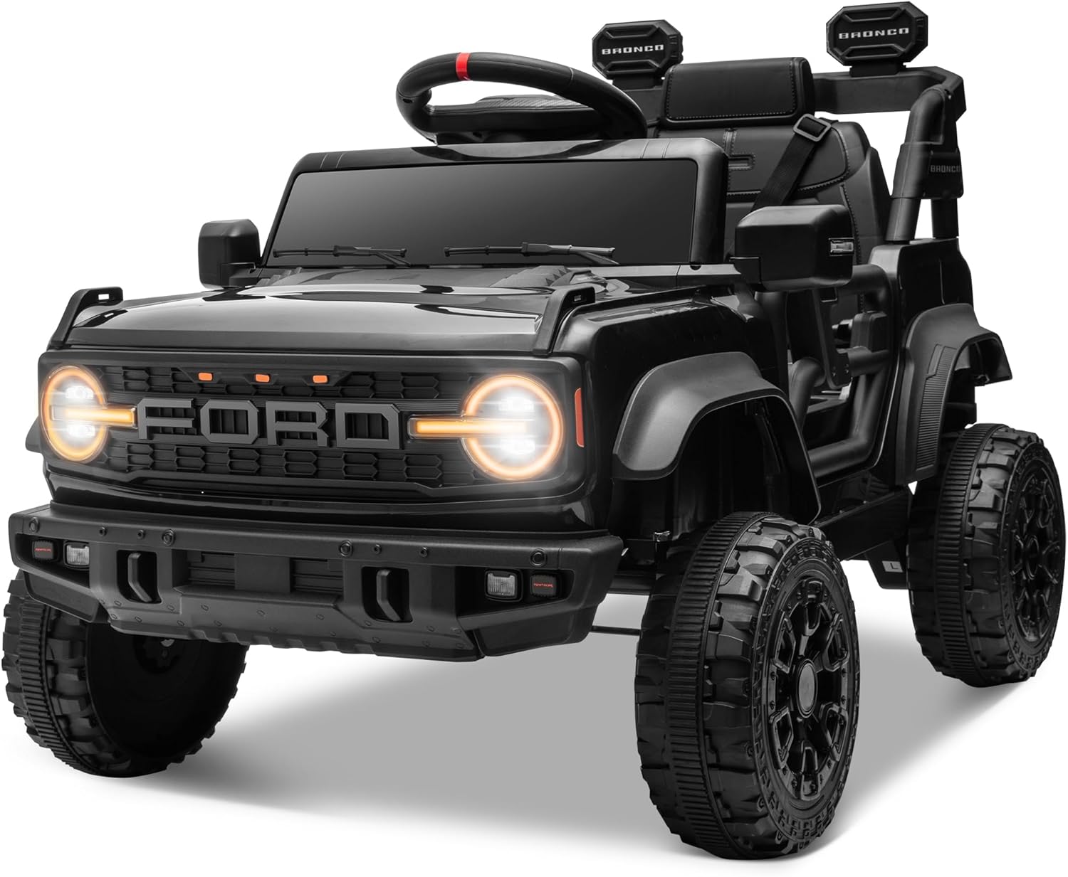 ENYOPRO 12V Licensed Ford Bronco Raptor Ride on Car for Kids, Battery Powered Electric Car for Toddlers w/Remote Control, Spring Suspension, Seat Belt, Bluetooth, Horn, LED Lights, Radio (Black)