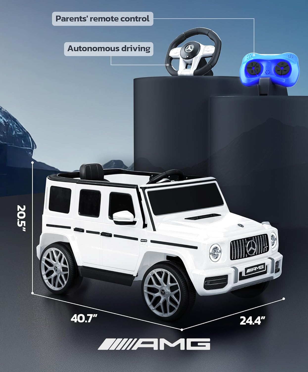 ELEMARA Licensed Mercedes-Benz AMG G63 Ride on Toys,Electric Car for Kids W/Parents Control,Electric Powered G Wagon Ride On Truck Toy,Low Battery Prompt,Bluetooth,Flickering Lights/LED Lights, White - Image 3