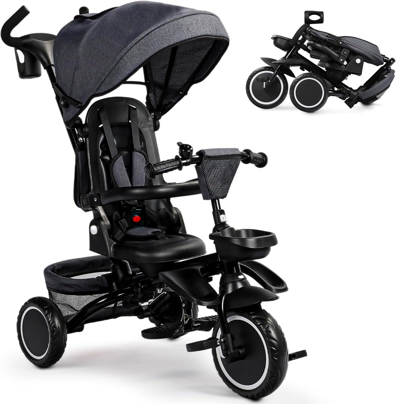 TODEFULL Folding Kids Tricycle, 8 in 1 Toddler Trike W/Removable & Adjustable Canopy, Parent Handle, 5-Piont Harness, Toddler Bike Tricycle for Kids 1-6 Years, EVA Wheels, Storage Basket, Grey