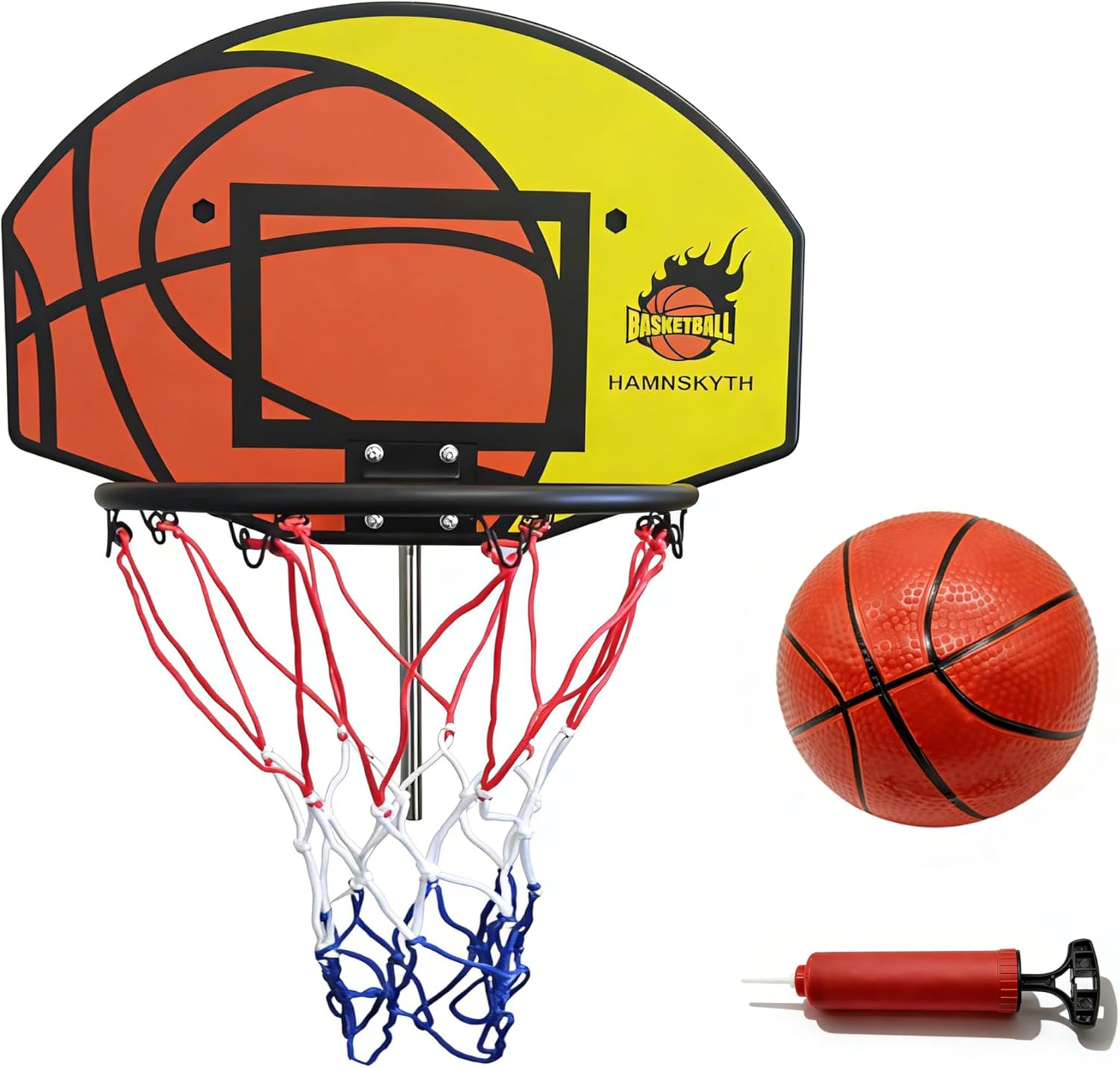 Trampoline Basketball Hoop, Fits Most Straight & Curved Poles, with Stainless Steel Angle-Adjustable Mounting Base, Includes Mini Basketball & Pump