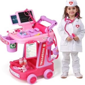 Liberry Doctor Kit for Toddlers Ages 2 3 4 5, Pretend Kids Doctor Playset with Cart, Costume and Stethoscope, Role Play Medical Toys Birthday Gift for Girls Boys (Pink)