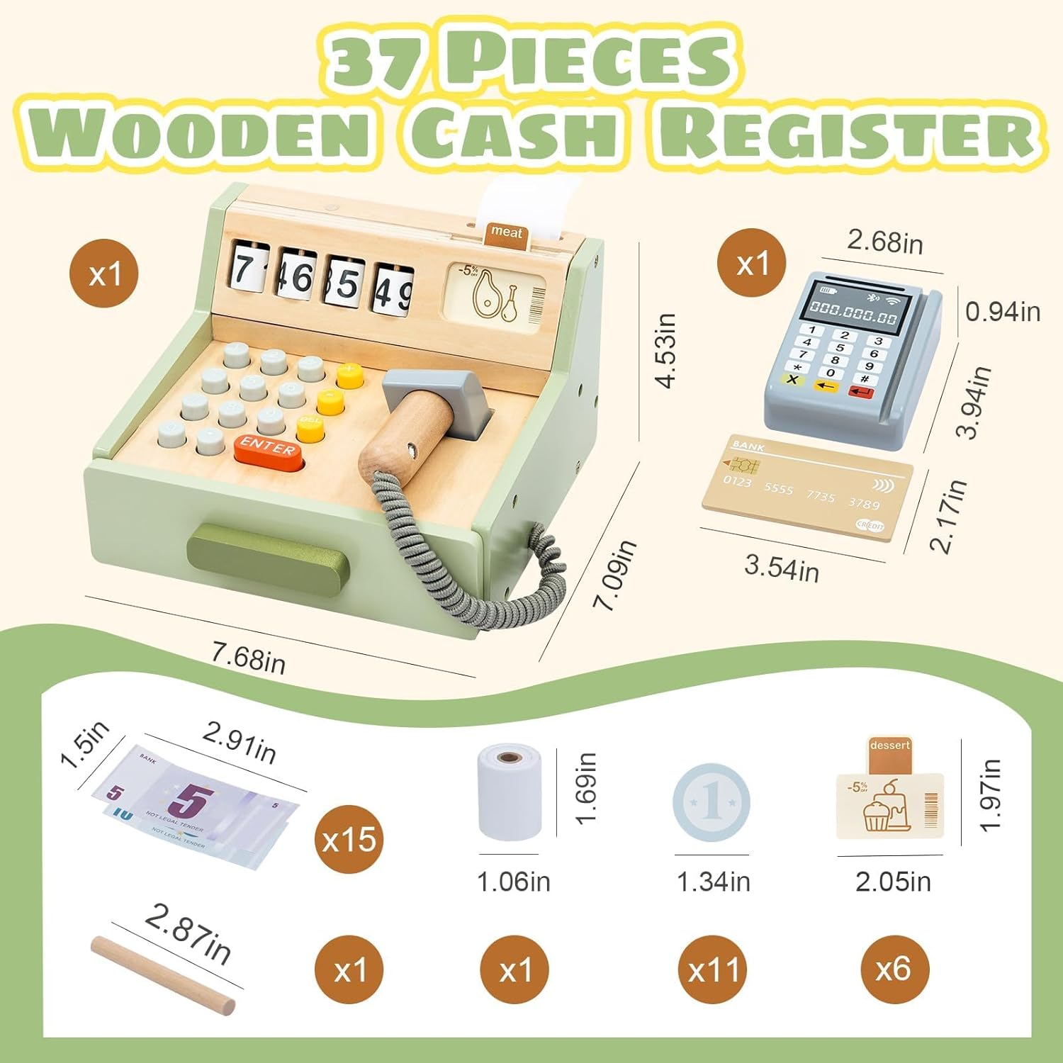 Wooden Toy Cash Register for Kids, Pretend Play Shop with Money Scanner and Credit Card, Montessori Toddler Grocery Cashier Role Play Educational Toy Preschool Learning Gift for Boys Girls Ages 3+ - Image 6