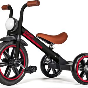 KRIDDO Kids Tricycle, 12 Inch Puncture Free Wheel w Front Light, Adjustable Seat Height, Gift for 2-5 Year Olds, Trike for Toddlers, Black
