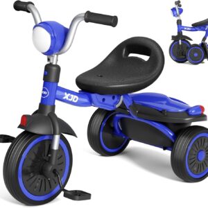 XJD Toddler Tricycle, Foldable Toddler Bike with Pedals, Tricycle for 2-5 Year Olds, Adjustable Comfortable Seat, Christmas Birthday Gifts for 1-5 Years Old Boys and Girls (Blue)