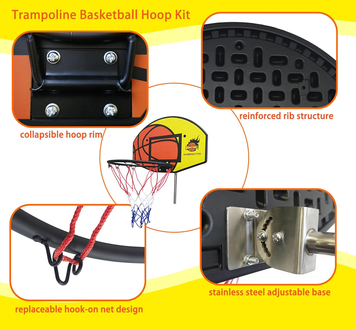 Trampoline Basketball Hoop, Fits Most Straight & Curved Poles, with Stainless Steel Angle-Adjustable Mounting Base, Includes Mini Basketball & Pump - Image 8