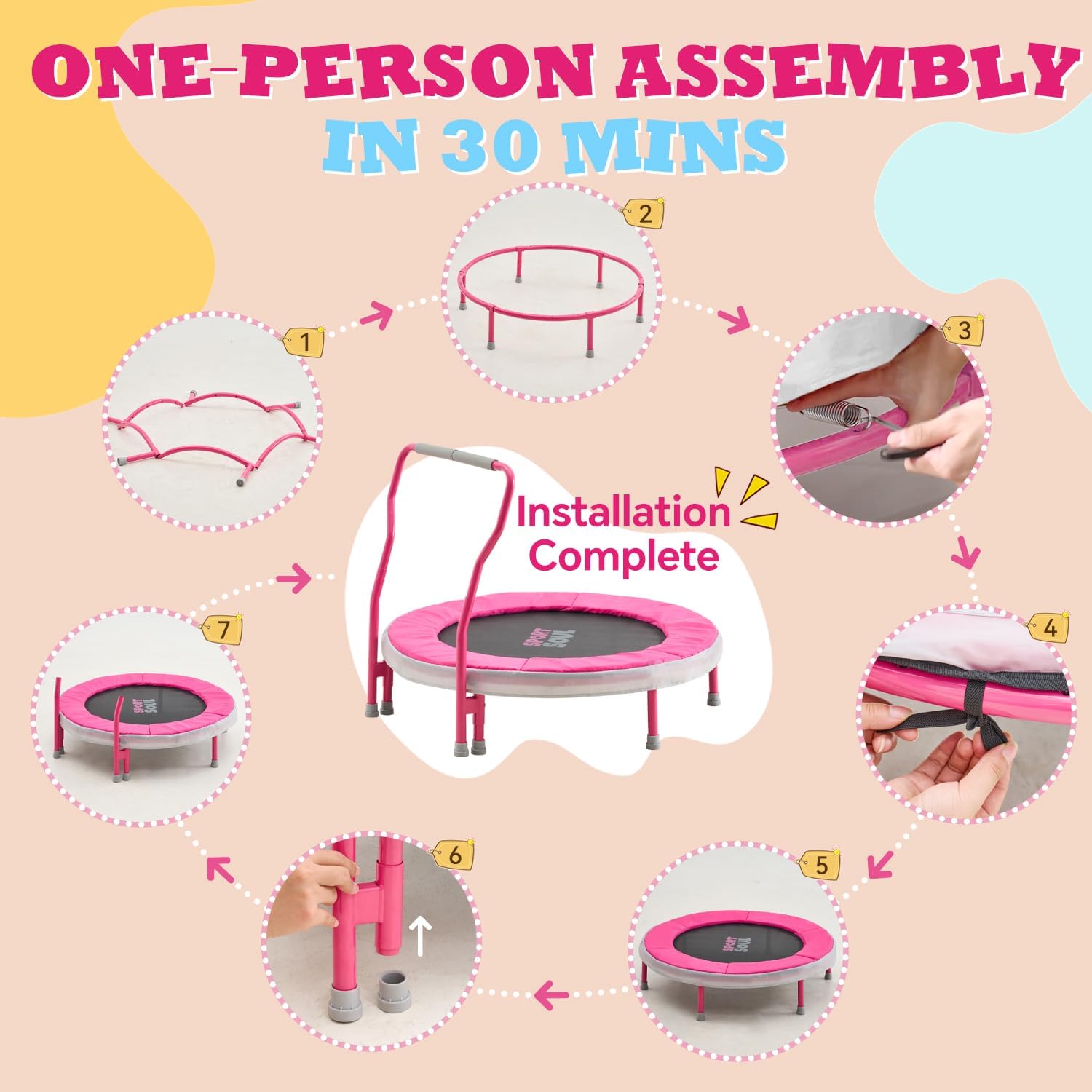 SPORTSOUL Mini Trampoline for Kids 3-6 with Super Safe Foam Handle Bar, 3ft Toddler Trampoline Indoor with No-Gap Cover for Indoor and Outdoor - Image 8
