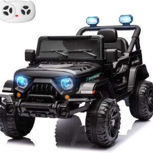 MINIATURE MOTORS 12V Kids Electric Ride on Truck Car Remote Control, Twin 35W Motors 3.5MPH Max Speed, Bluetooth Music Player, 4 Wheels Suspension LED Lights Safety Belt, Gift for Boys & Girls-Black