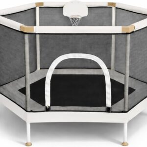 Kids Trampoline, Aesthetic Indoor and Outdoor Toddler Trampoline with Safety Net, Basketball Hoop, 220lb Capacity, Ultra Safe No-Gap Design, Gifts for Boys & Girls