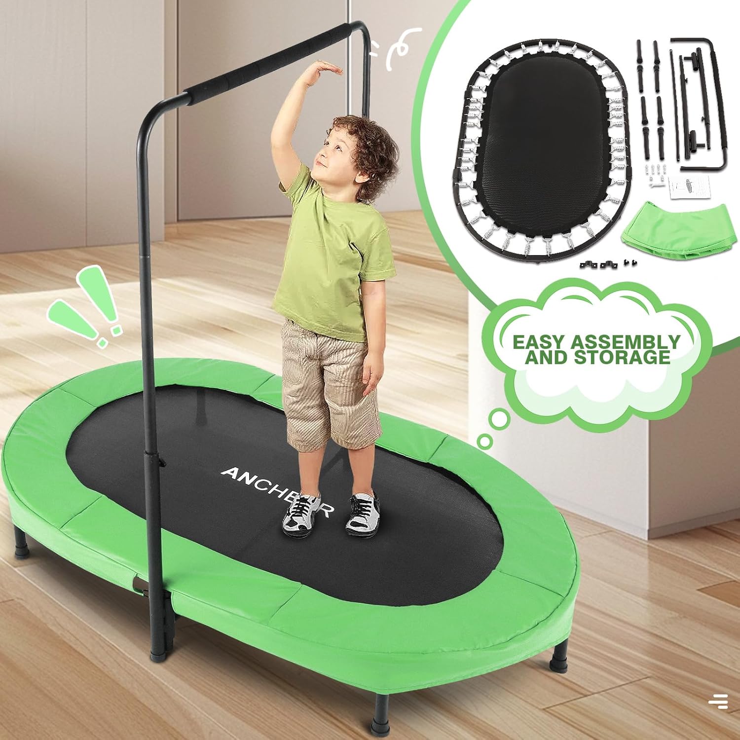 Trampoline for Kids, Toddler Trampoline Indoor Sports and Outdoor Games 56" Kids Rebounder 220LBS Capacity with Adjustable Safety Handrail Foldable Jumper for Boy Girls ASTM Certified - Image 3