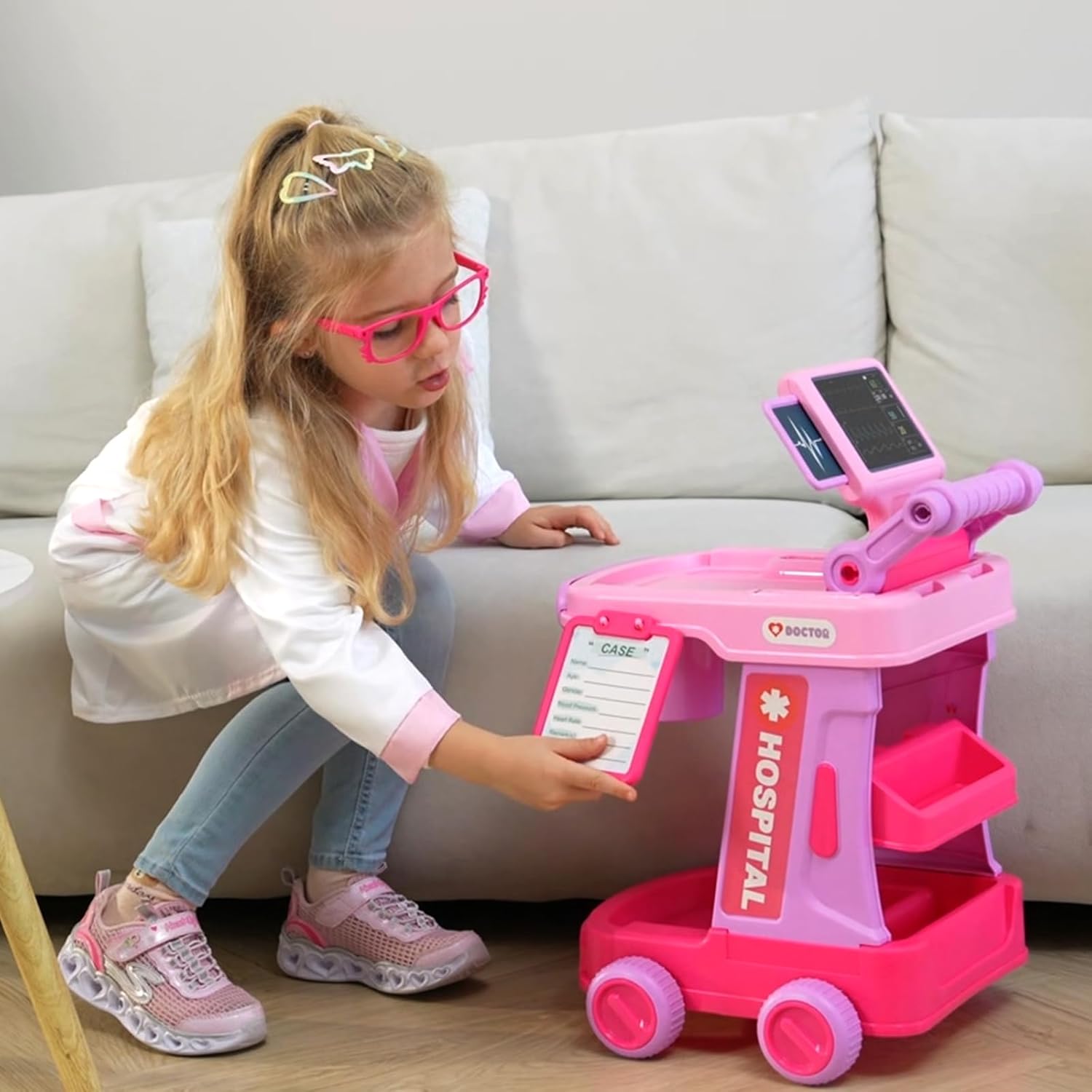 Phobby Doctor Kit for Toddlers Aged 3 4 5, Medical Pretend Play Set for Kids with Bag and Costume, Doctor Cart Toy for Girls Boys Birthday Gift (Pink) - Image 6