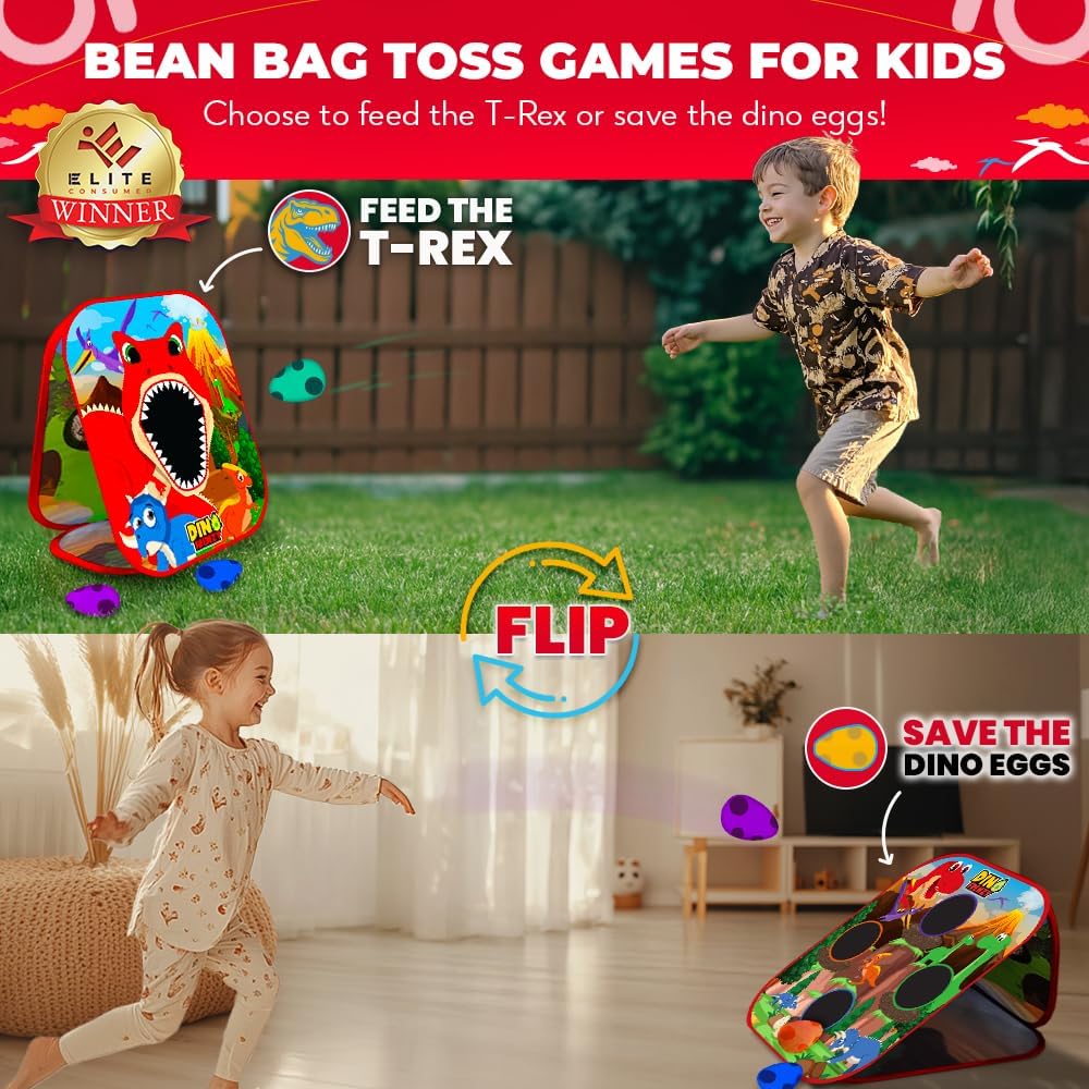 Swooc Games® - Dino Frenzy™ | 2-in-1 Corn Hole Games for Kids | 5-Second Setup | Dinosaur Bean Bag Toss Game for Kids | Kid Cornhole Game Set | Toddler Party Activity | Outside Bean Bags Kid Tossing - Image 2