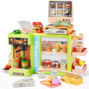 Pupu Pig Kids Grocery Store Playset with Realistic Cash Register Toy, Scanner, Play Food, Coffee Maker, Play Money & Credit Card, Preschool Pretend Play Toys for Girls Boys Birthday Gifts Ages 3+