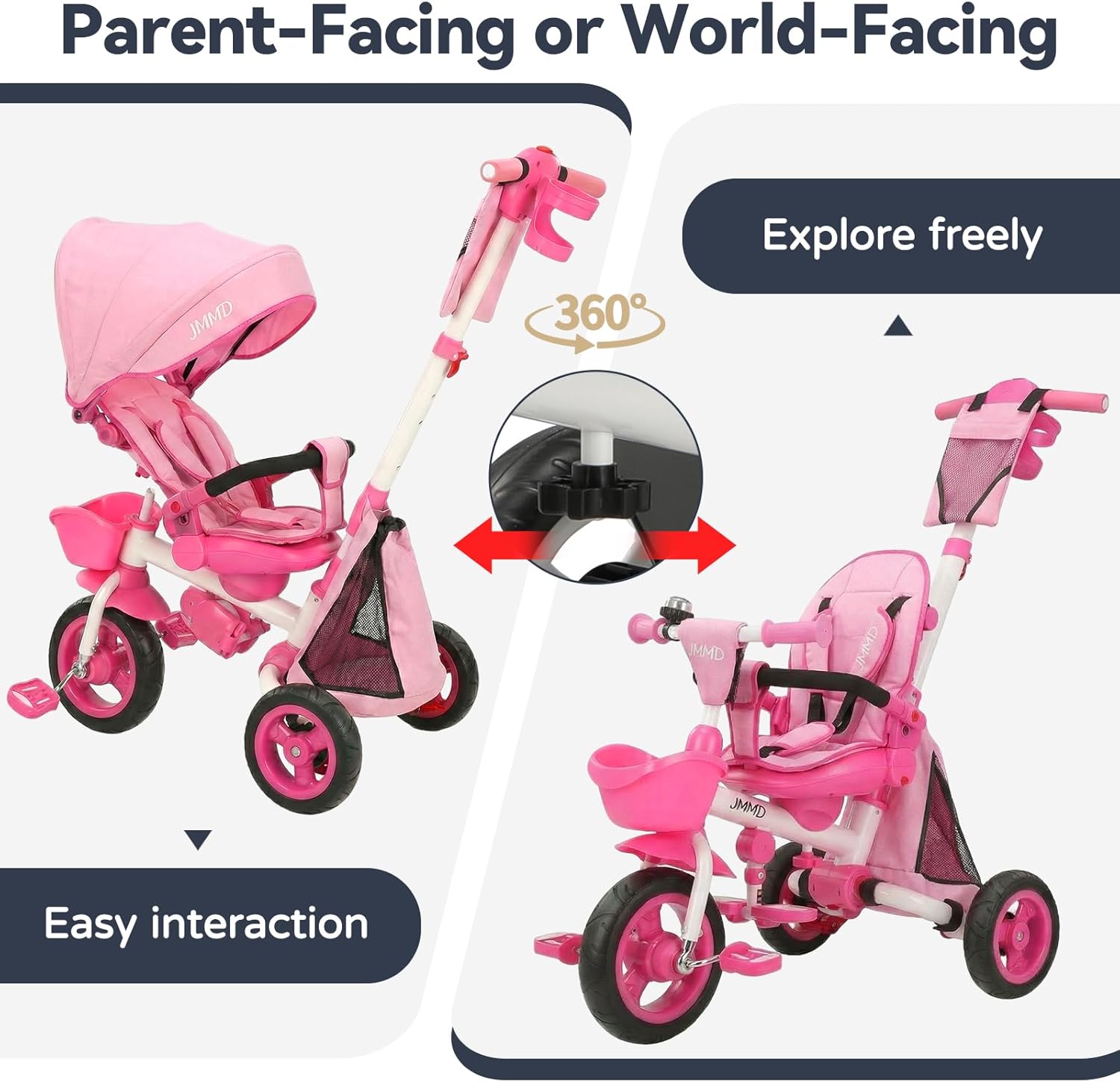 JMMD 8 in 1 Tricycle Stroller with Push Handle, Foldable Trike with 360° Swivel Seat, Reclining Backrest, All-Terrain Wheels, Dual Brakes, Canopy & Storage, Gift for Kids 18 Months to 5 Years, Pink - Image 6