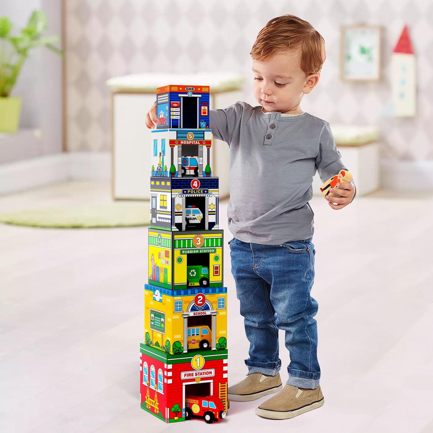 Atoylink Toddler Sorting and Stacking Toys with Magnetic Wooden Cars & Community Helpers, Baby Number Blocks Nesting Boxes Preschool Learning Montessori Toys for 1 2 3 Year Old Boys Girls Gift - Image 2
