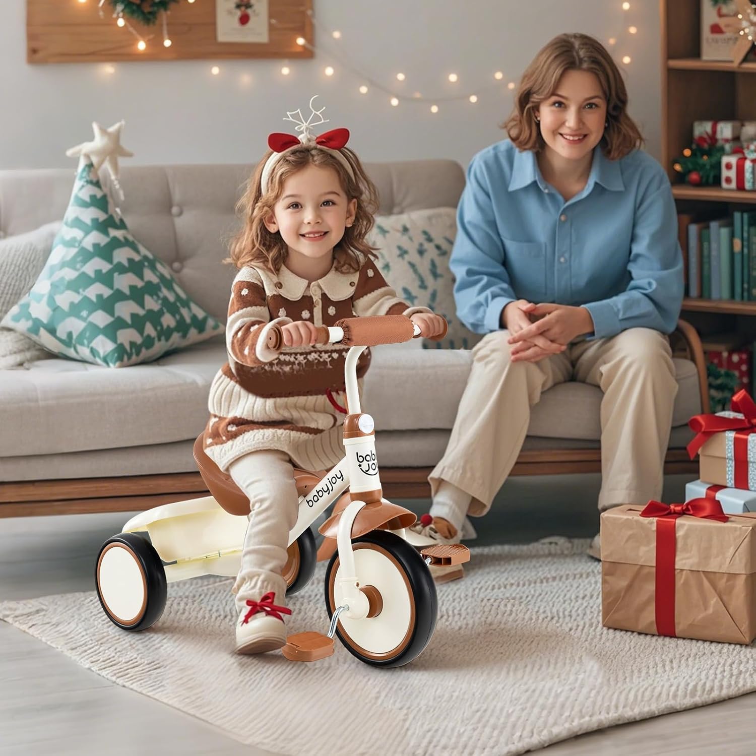 BABY JOY Toddler Tricycle, Kids Trike with Adjustable Seat and Storage Basket for Boys Girls Indoor and Outdoor Riding, Toddler Trike for Baby 3-5 Years Old (Beige) - Image 2