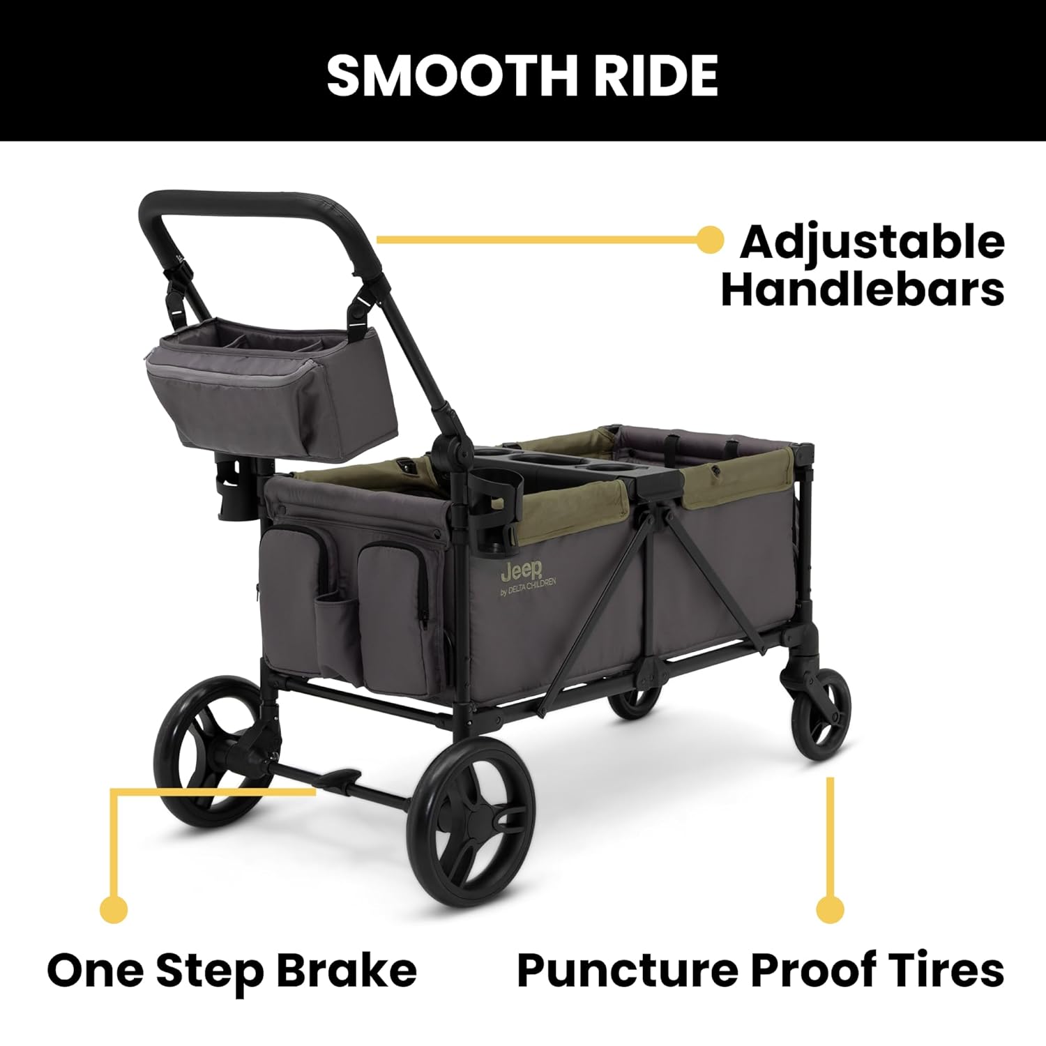 Jeep Sport All-Terrain Stroller Wagon by Delta Children - Includes Canopy, Parent Organizer, Adjustable Handlebar, Snack Tray & Cup Holders, Grey/Olive Green - Image 7