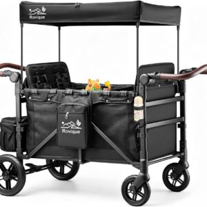 Rovique 4 Seater Wagon Stroller – Deluxe Quad Wagon for 4 Kids with Snack Trays,All-Terrain Wheels,Push Handle, Canopy,Aluminum Frame – Gift for Baby Showers,New Parents,Birthdays