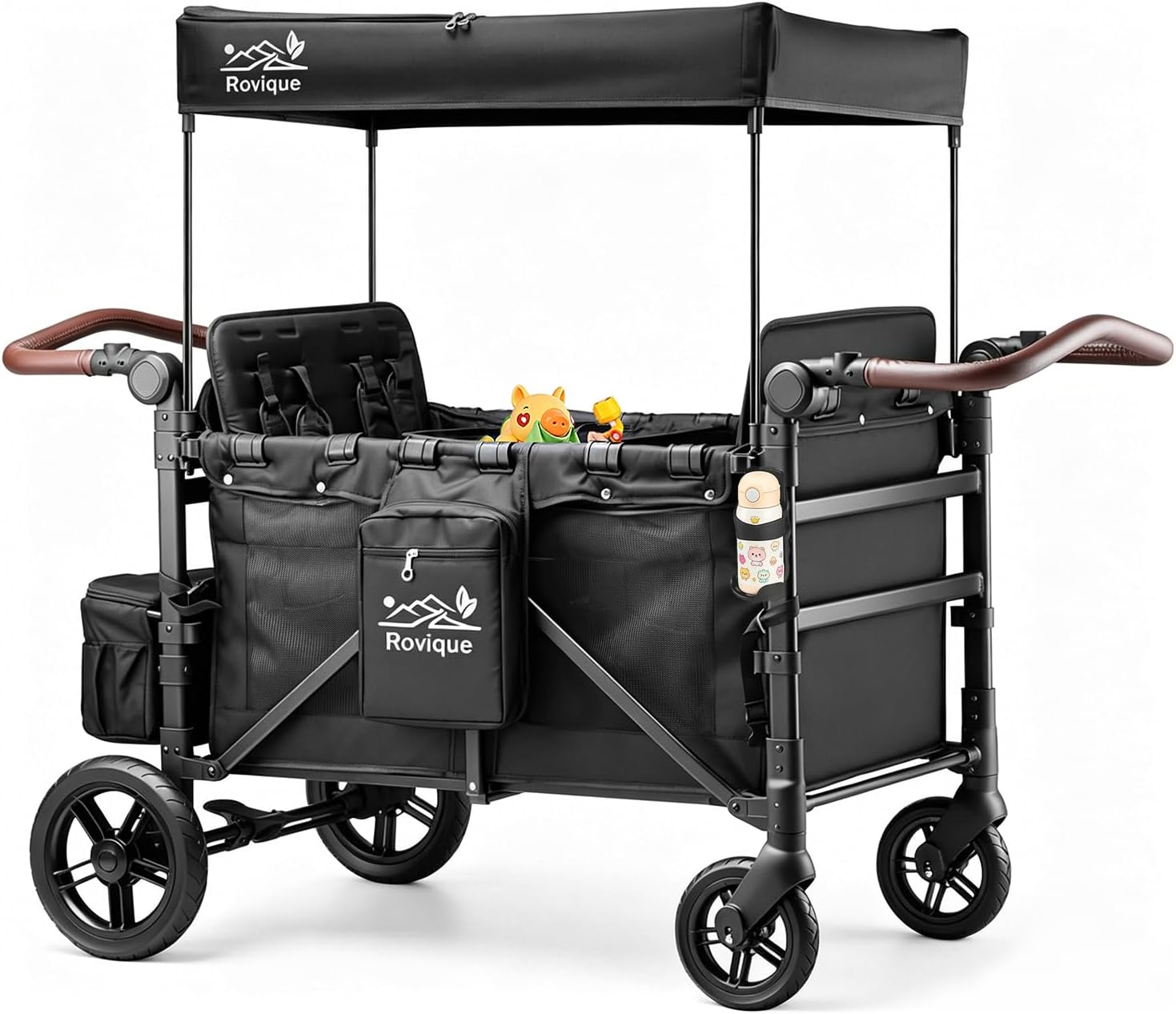 Rovique 4 Seater Wagon Stroller – Deluxe Quad Wagon for 4 Kids with Snack Trays,All-Terrain Wheels,Push Handle, Canopy,Aluminum Frame – Gift for Baby Showers,New Parents,Birthdays