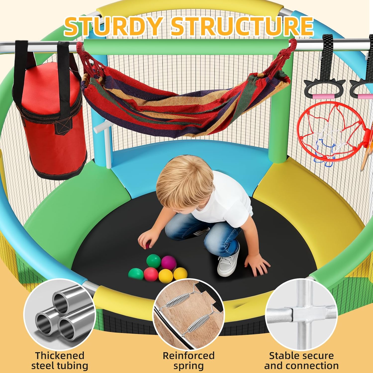 55" Trampoline for Kids,Up to 440 Ibs Mini Trampoline with Anti-Rollover Round Bottom,Indoor & Outdoor Toddler Trampoline with Safety Enclosure,Adjustable Gymnastics Bars,Basketball Hoop - Image 3