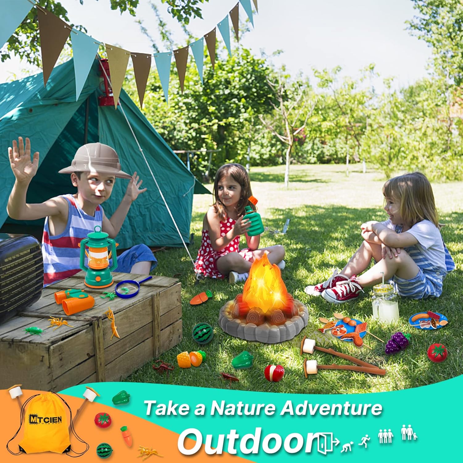 Camping Toys for Kids, Pretend Campfire, Lantern, Safari Hat, Binoculars, Bottle, Toy Food, S'Mores, Toddler Camping Play Set Indoor Outdoor Toys for Kids 3-5 and Up, Boys Girls Gift - Image 3