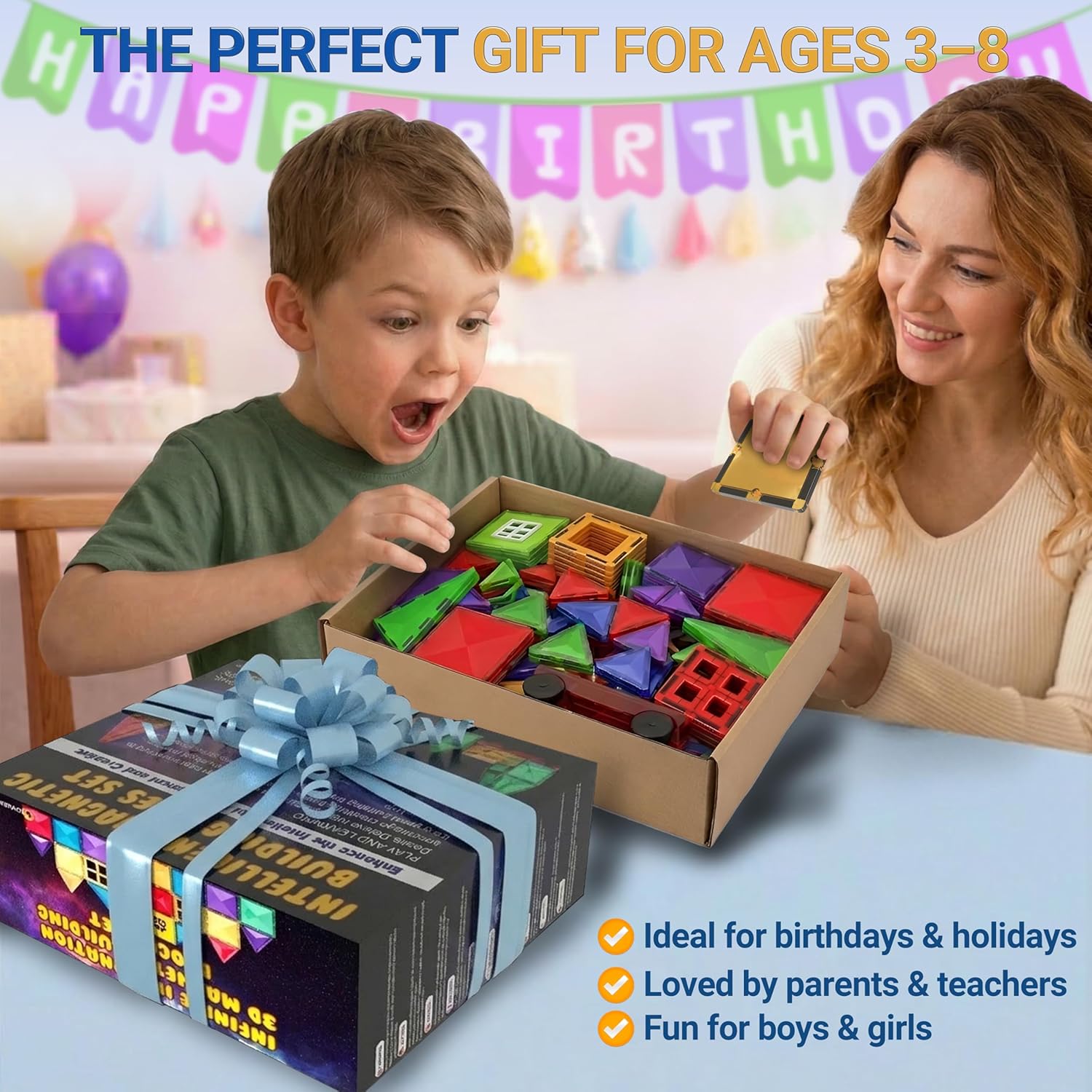 Magnetic Tiles Building Blocks Toy - STEM Educational Magnet Set for Kids, Creativity Preschool Learning Sensory Montessori Toddler Toys for Boys & Girls 3+ Years Old - 57PC - Image 4