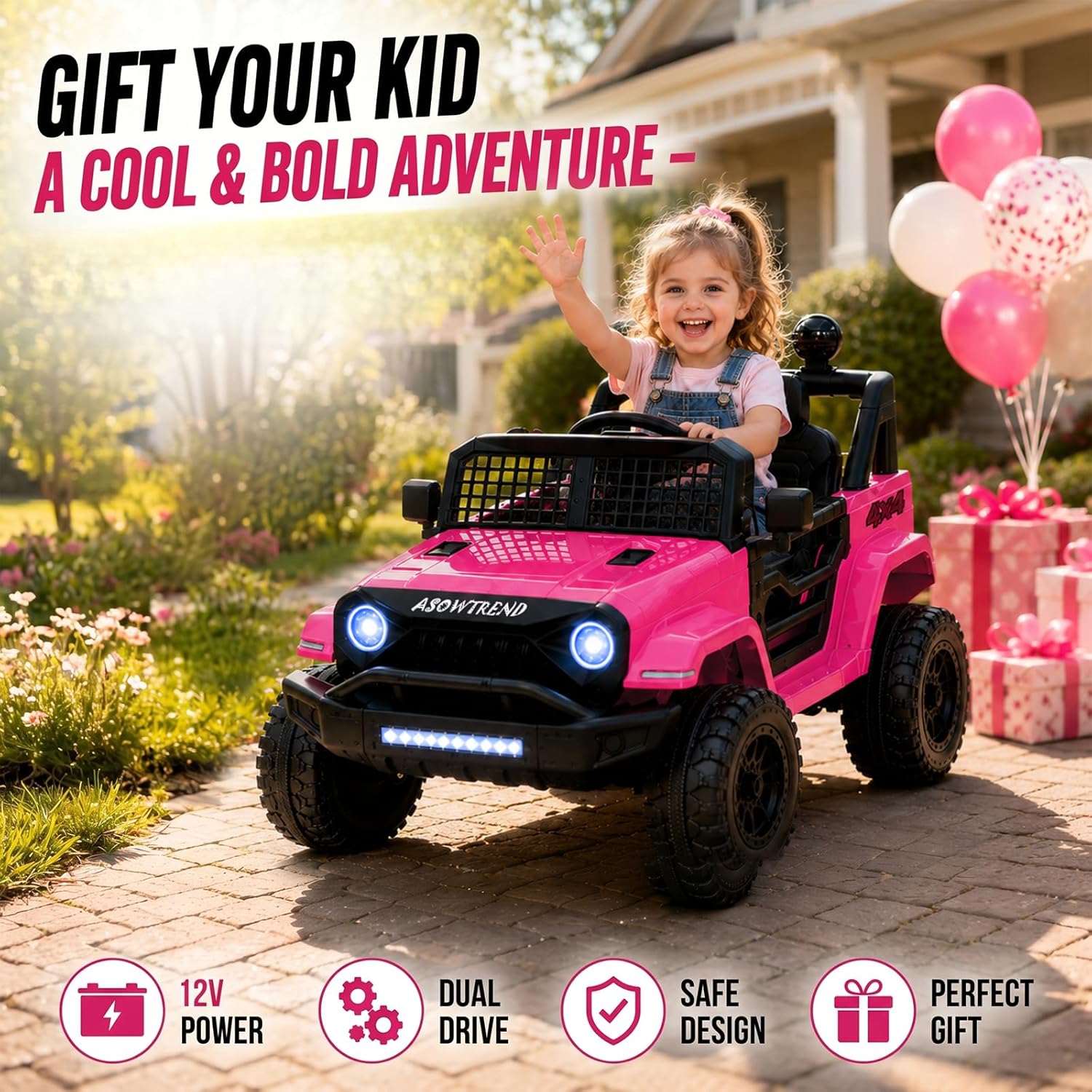 12V Jeep Style Pink Kids Ride On Car, Dual 35W Motor Electric Vehicle with Parent Remote Control, 2-Seater Suspension Toy Car, Bluetooth LED Light, Birthday Gift for 3-5 Year Girls - Image 7