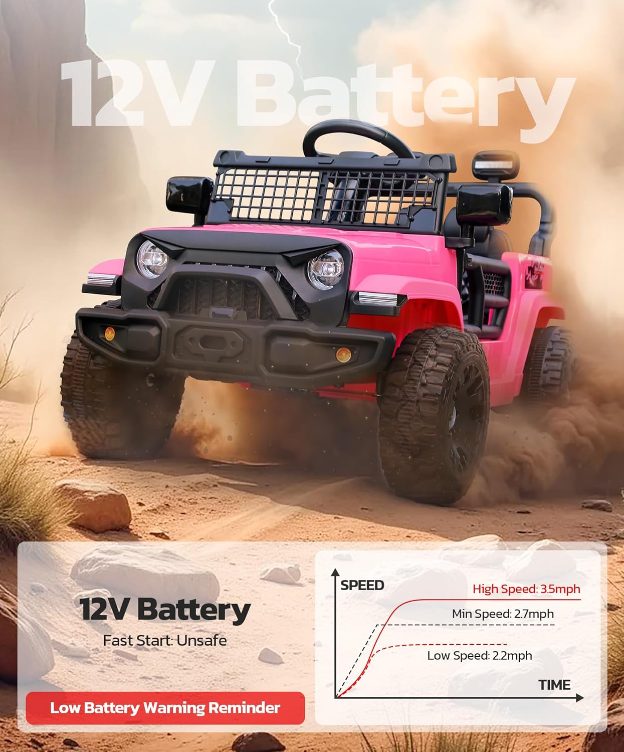 ELEMARA Kids Ride on Car, 12V Ride on Toys w/Remote, Electric Cars for Kid w/Bluetooth, LED Lights, Battery Car for Toddlers, Battery Powered Off-Road Vehicle w/Shock Absorbers, Kids Driving Car-Pink - Image 4