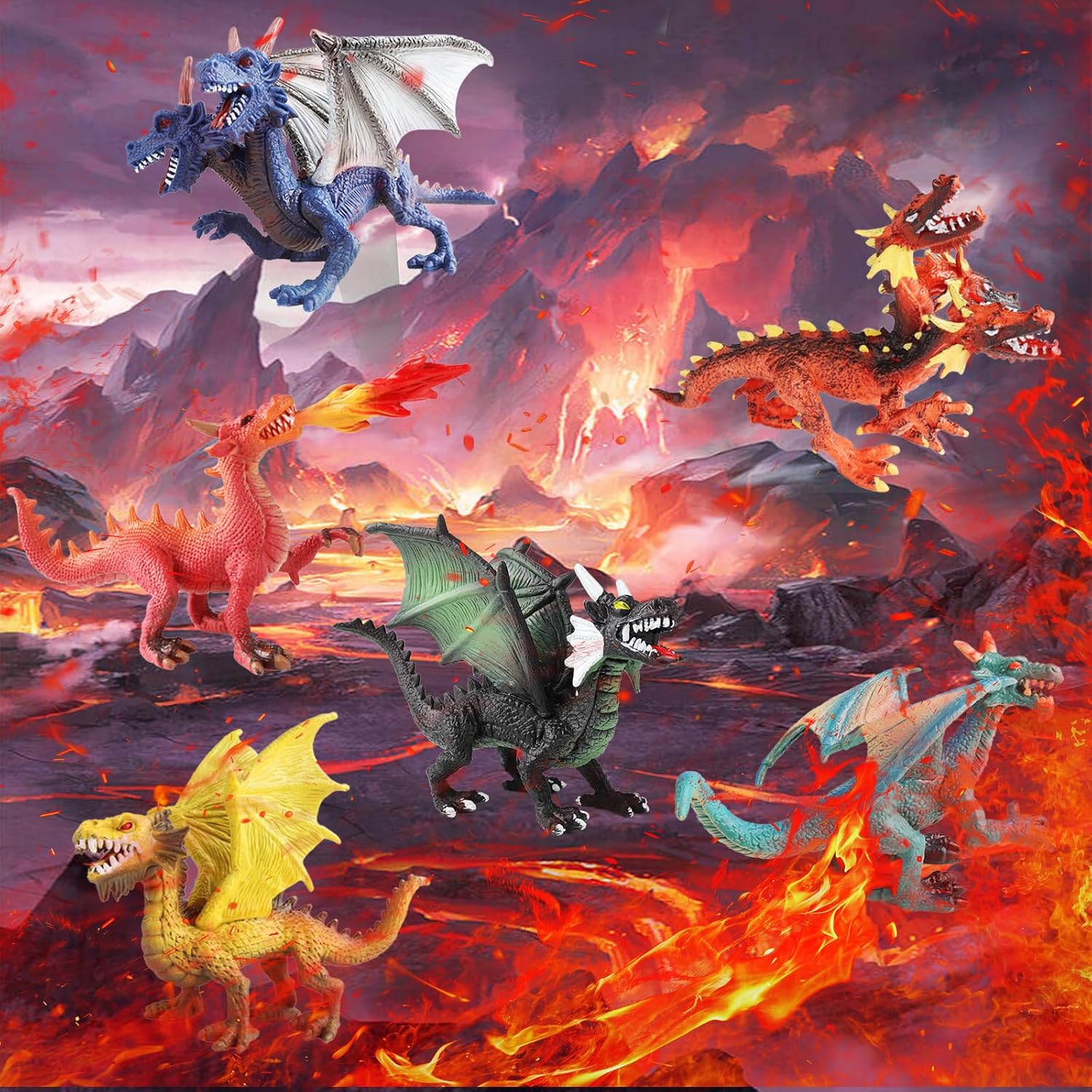 EOIVSH Dragon Toy Figures - Ancient Flying Dragon Figurines, Mythical Action Figure Kid Toys, Girls and Boys Ages 3 and Above, Pack of 6 - Image 2