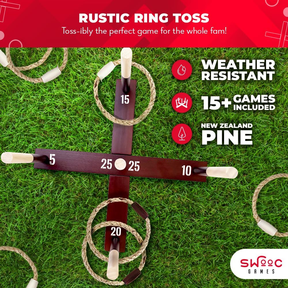 Swooc Games - Rustic Ring Toss Game (All Weather) - Easy Setup & Extra Games Included - Ring Toss Game for Adults - Outdoor Activities for Adults - Yard Toys for Kids - Backyard Fun - Outdoor Party - Image 2
