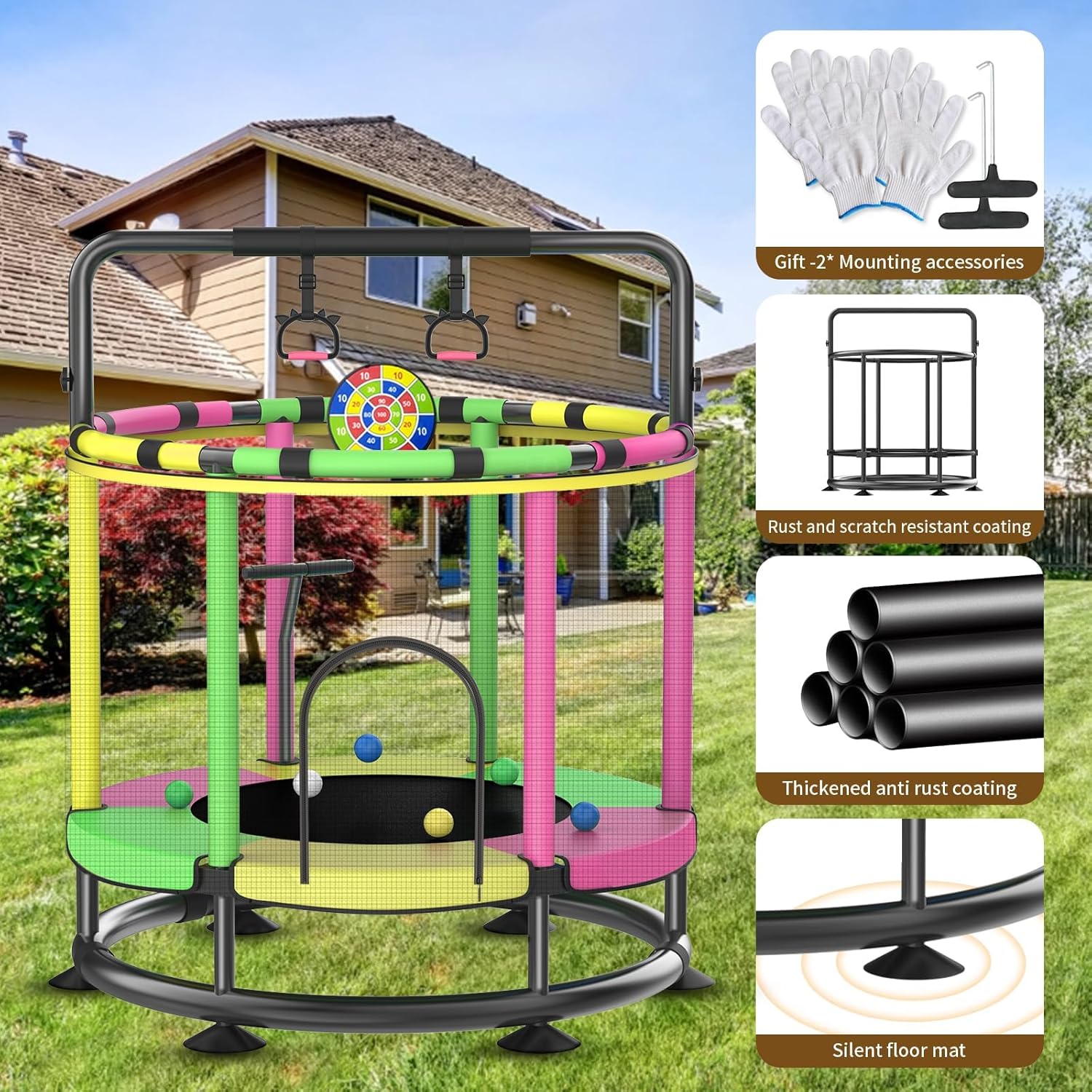 Trampoline for Kids, Full Anti-Rust 440lbs Anti-Rollover Round Bottom Toddler Trampoline, T-handrail Adjustable Baby Toddler Trampolines Dart Board - Image 3