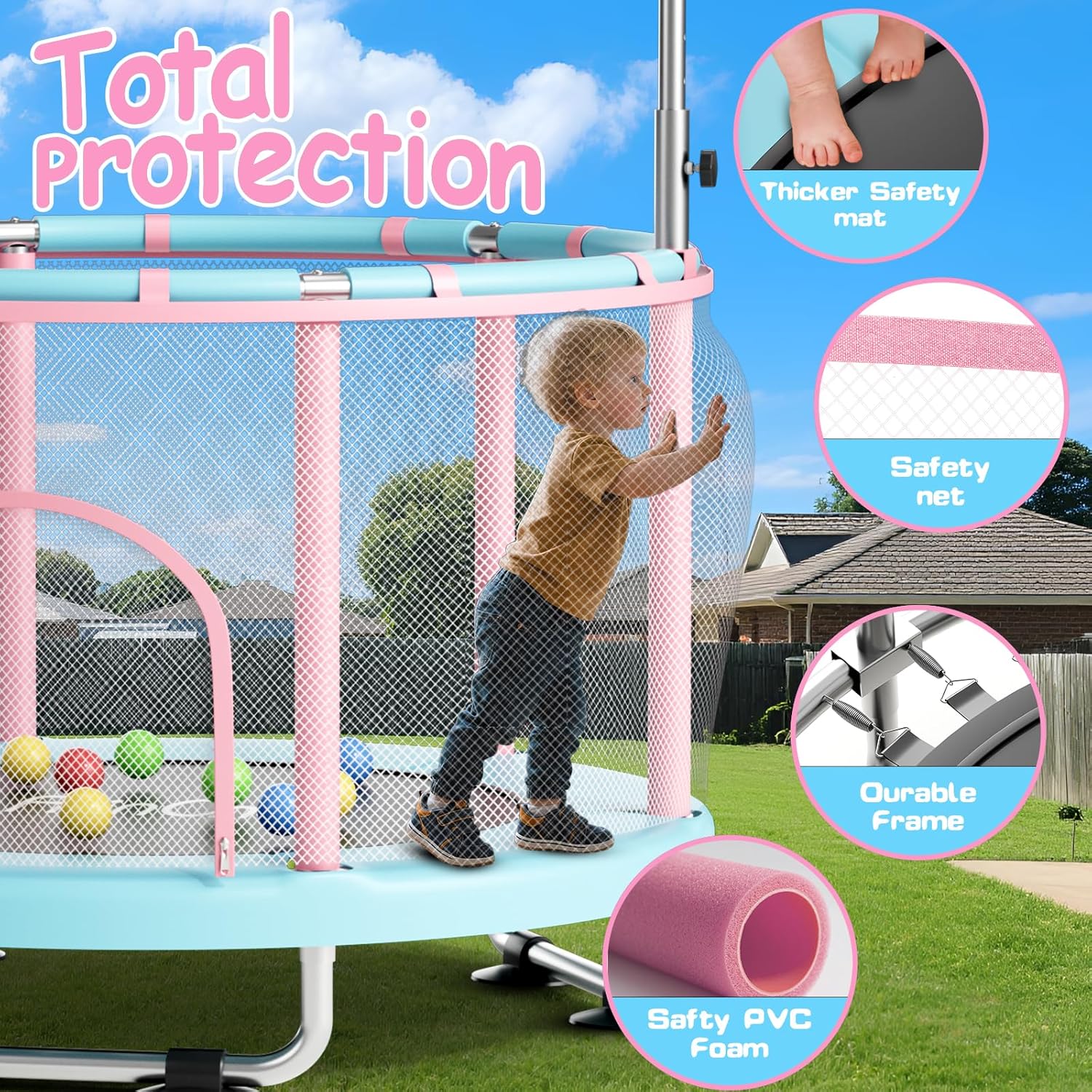 55" Toddler Mini Trampoline for Kids, Indoor Outdoor Toys with Swing, 440lbs Baby Kids Trampoline, Gymnastics Bar, Birthday Gifts for Boy Girl Age 1-8 - Image 3