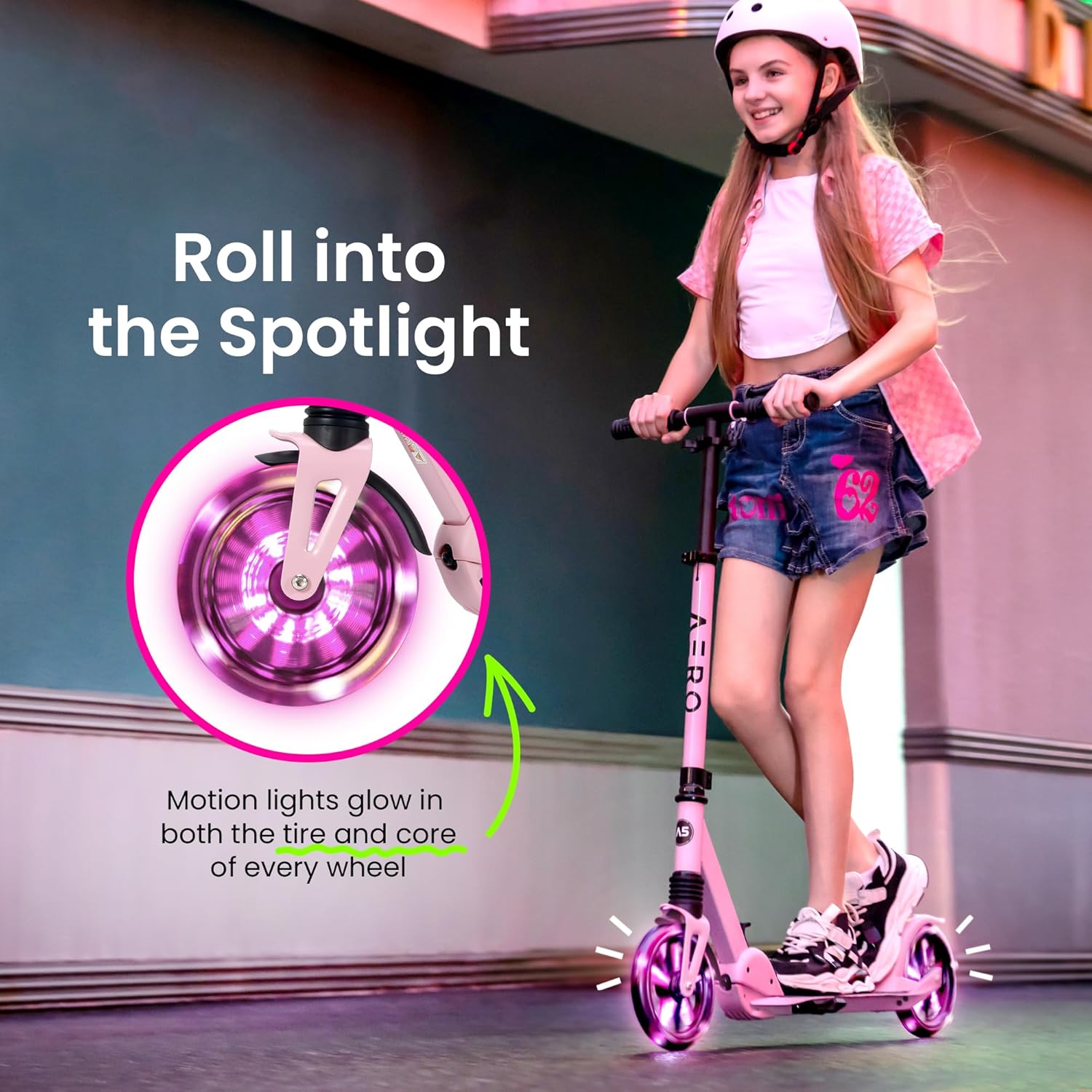 AERO MOBILITY Kick Scooter for Kids 6+, Teens & Adults | Light Up Wheels, Hand Brake, Rubber Deck Mat & Shock Absorption | Foldable & Height Adjustable - Image 2