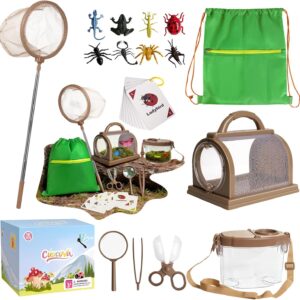 Bug Catcher Kit for Kids Outdoor Explorer Kit with Insect Cage, Observation Box, Magnifying Glass, 8 Toy Bugs, Net & 10 Cards, STEM Educational Toys Gifting for Boys & Girls Ages 3+