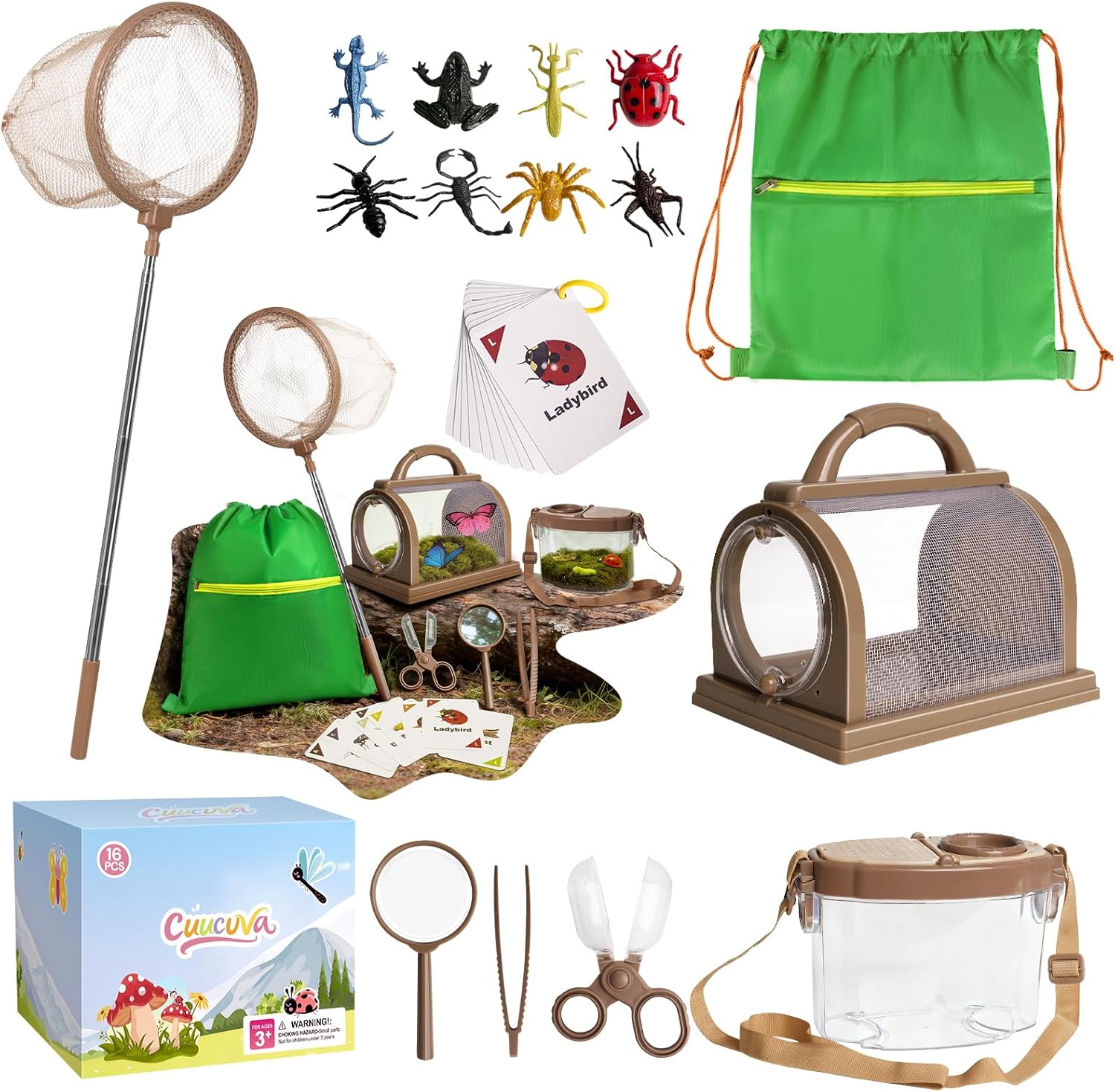 Bug Catcher Kit for Kids Outdoor Explorer Kit with Insect Cage, Observation Box, Magnifying Glass, 8 Toy Bugs, Net & 10 Cards, STEM Educational Toys Gifting for Boys & Girls Ages 3+