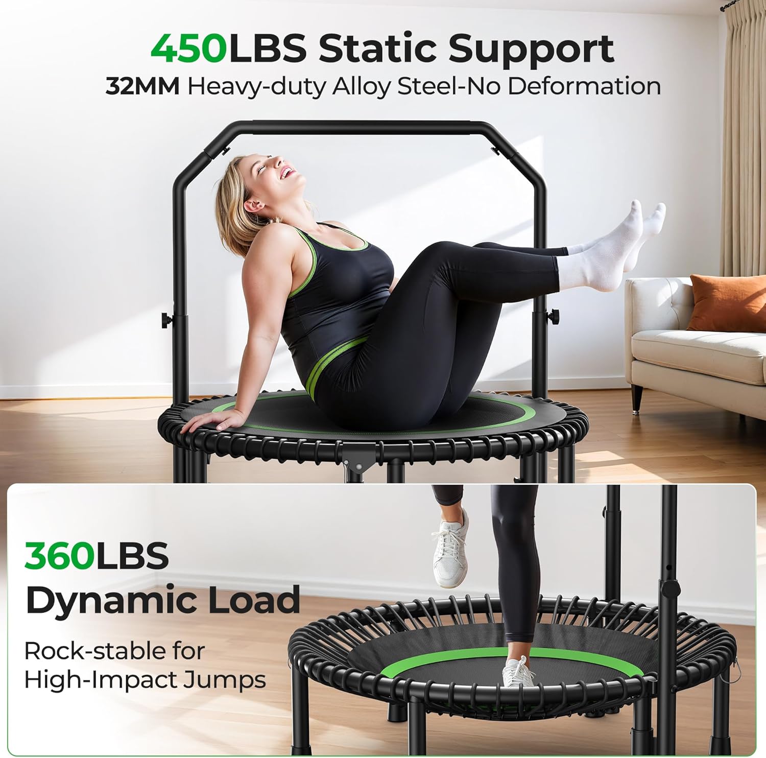 BCAN BT2 450/550LBS Mini Rebounder Trampoline for Adults with Bar, Fitness Trampoline with Bungees, Adjustable Handle, Stable & Quiet, Indoor Outdoor, Whole-Body Workout & Relaxation at Home-40IN/48IN - Image 4