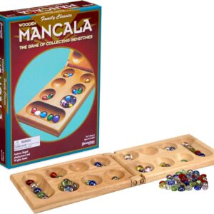 Pressman Mancala Board Game | Fun Classic Table for Adults & Kids | Includes 48 Glass Mancala Stones and Wood Hinged Playing Board | 2 Players, Ages 6+