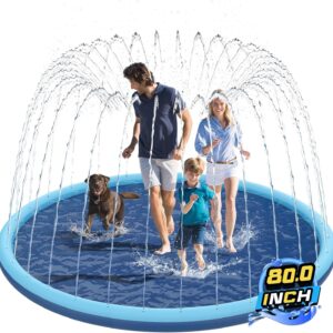 Non-Slip Splash Pad for Kids and Dog, 80″ Extra Large Baby Play Mat, Dog Pool Toys, Thicken Sprinkler Pool Summer Outdoor Water Toys for Ages 3-12 Boys Girls, Parent-Kids &Games Fun Backyard (Blue)