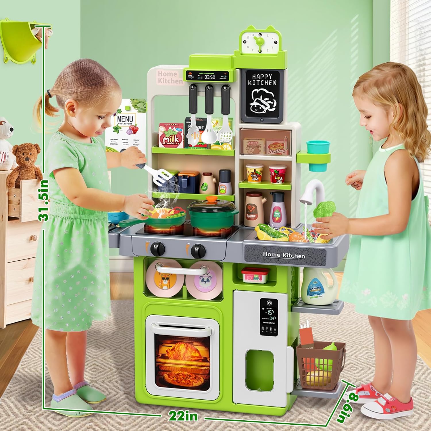 Kids Play Kitchen Set, Toddler Kitchen Playset with Sound & Light, Cooking Stove with Steam, Play Sink, Play Food Toy and Kitchen Accessories, Kitchen Toy for Kids Girls Boys (31.5 * 22 * 8.6in) - Image 7