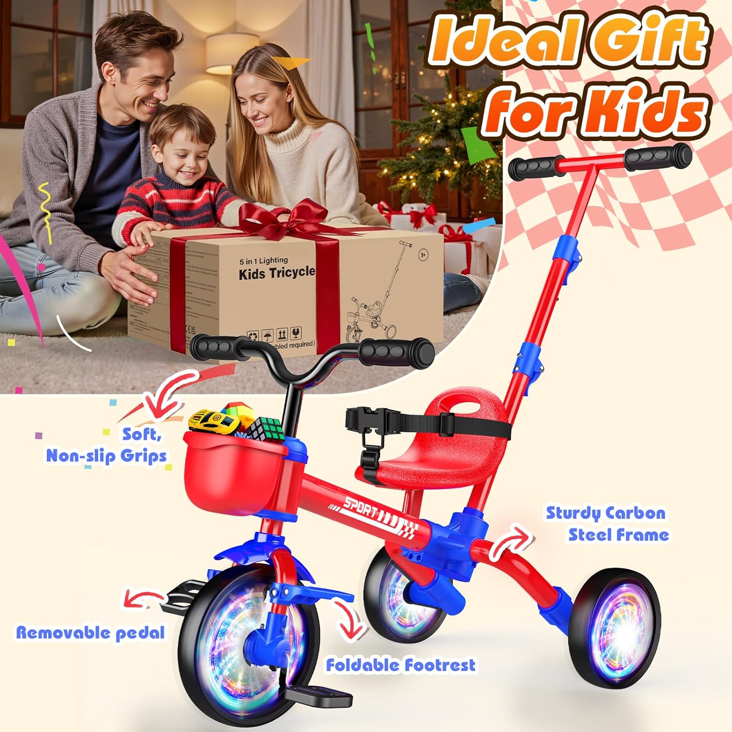 Kkdi 5 in 1 Toddler Bike for 1-5 Year Old, Tricycle with Push Handle, Convertible Baby Balance Bike, Bicycle, Color Light Wheel & Detachable Pedal, 4-Position Seat, Boys Girls Birthday Gift, Toy - Image 6