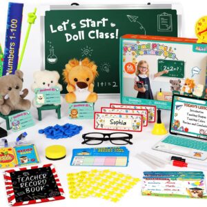 Alritz Pretend Play Teacher Set, School Stuff, Role Play Preschool Learning Activities Classroom Set for Girl Boys Include Dolls, Toy Laptop, Black Board, Birthday Gift 5 6 7 8 9+ Years Old