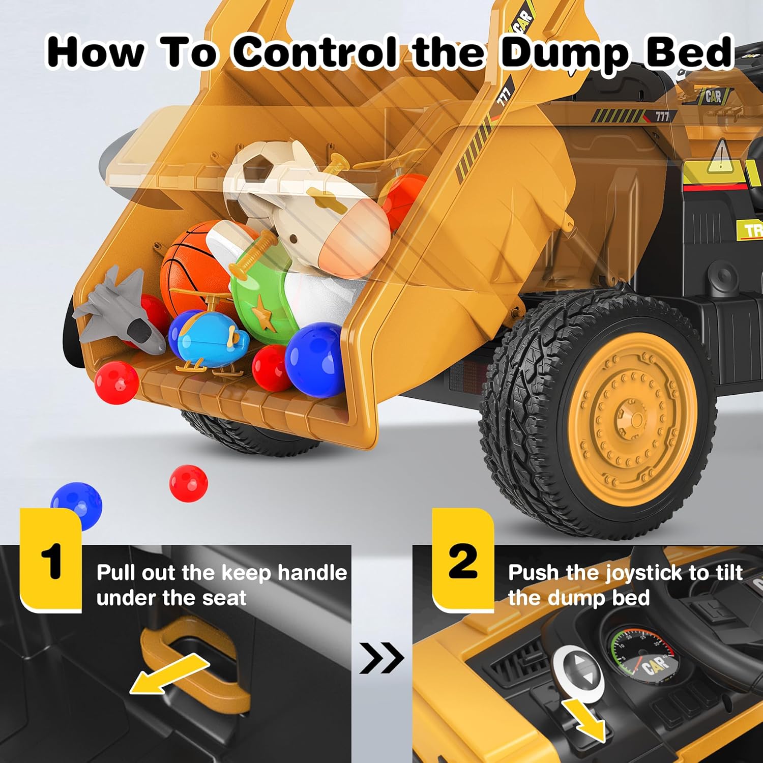 ANPABO 24V Ride On Dump Truck, 2X75W Powerful Motors, Up to 4.4Mph, EVA Tires, Construction Vehicle w/Electric Dump Bed and Extra Shovel, 19" Spacious 2 Seater, Kids Car w/Parent Remote -Yellow - Image 4