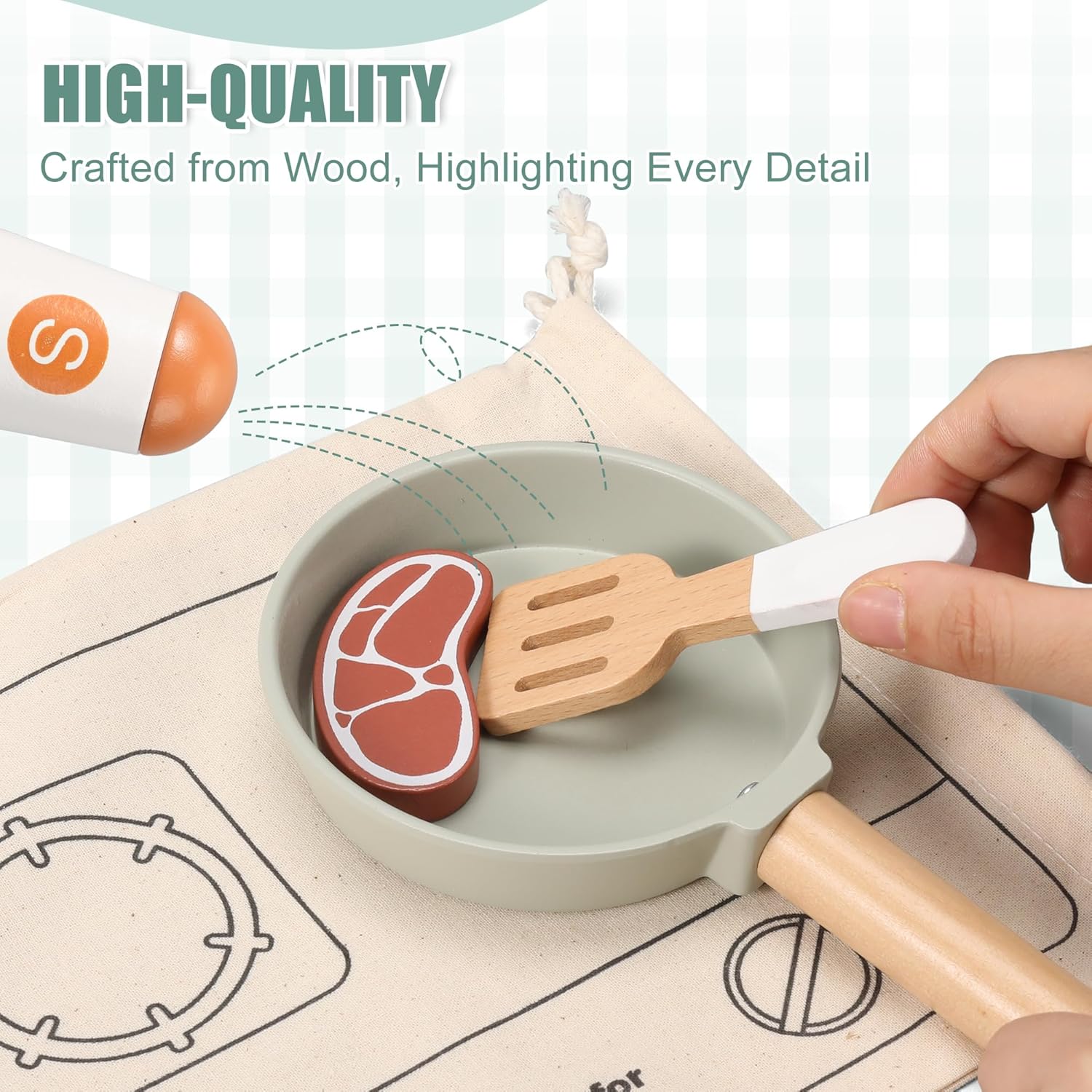 Pithfor Wooden Play Cooking Set, Pretend Play Kitchen Accessories Toys Set for Kids Toddlers, Including Play Dishes, Pot and Pan, Utensils, Gifts for 3 4 5 Years Old Girls Boys - Image 2