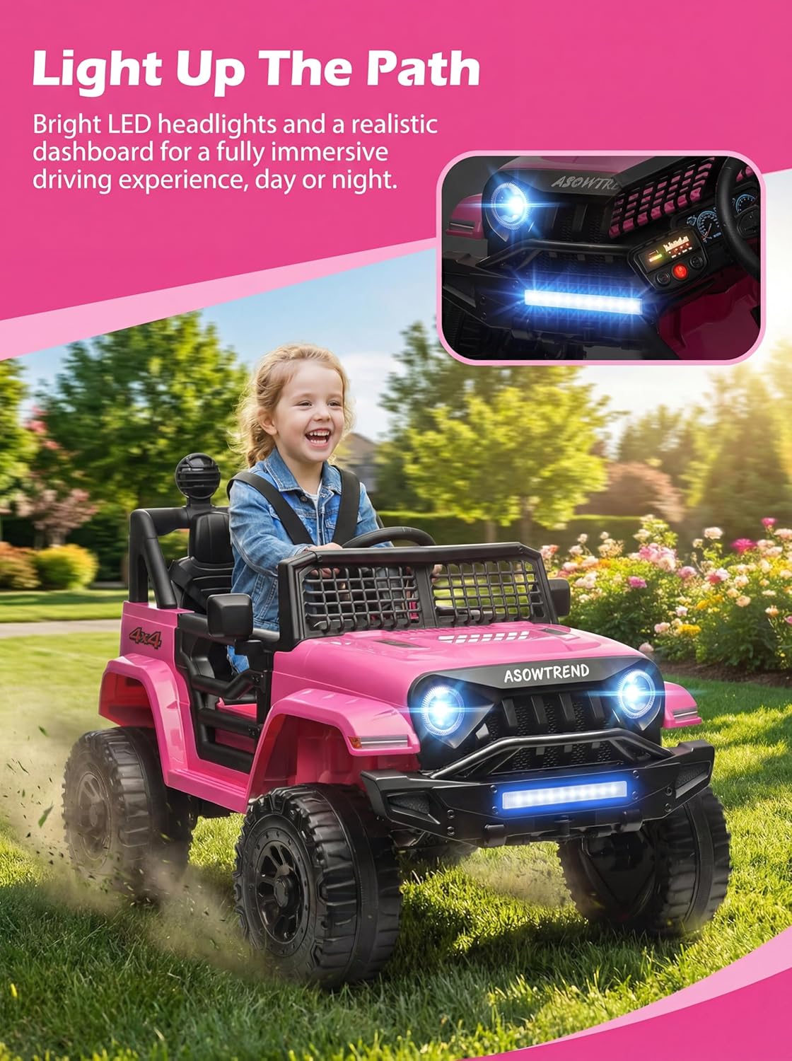 12V Jeep Style Pink Kids Ride On Car, Dual 35W Motor Electric Vehicle with Parent Remote Control, 2-Seater Suspension Toy Car, Bluetooth LED Light, Birthday Gift for 3-5 Year Girls - Image 8