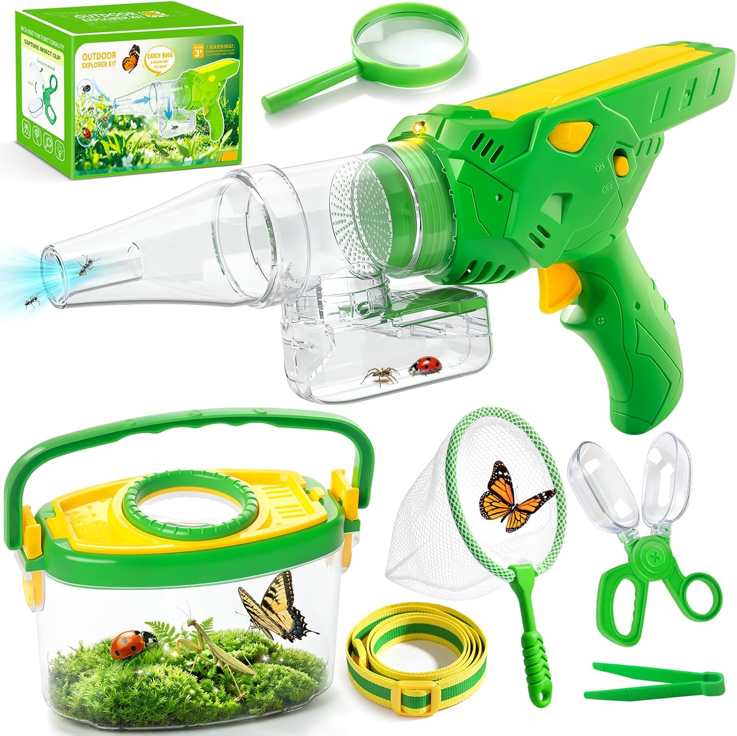 Bug Catcher for Kids 3-12, Bug Vacuum Bugs Catching Release Kit, Magnifying Glass Bug Collector Butterfly Net Bugs Grabber Insect Catcher Tweezers, Boys Outside Explorer Toys Birthday Gift
