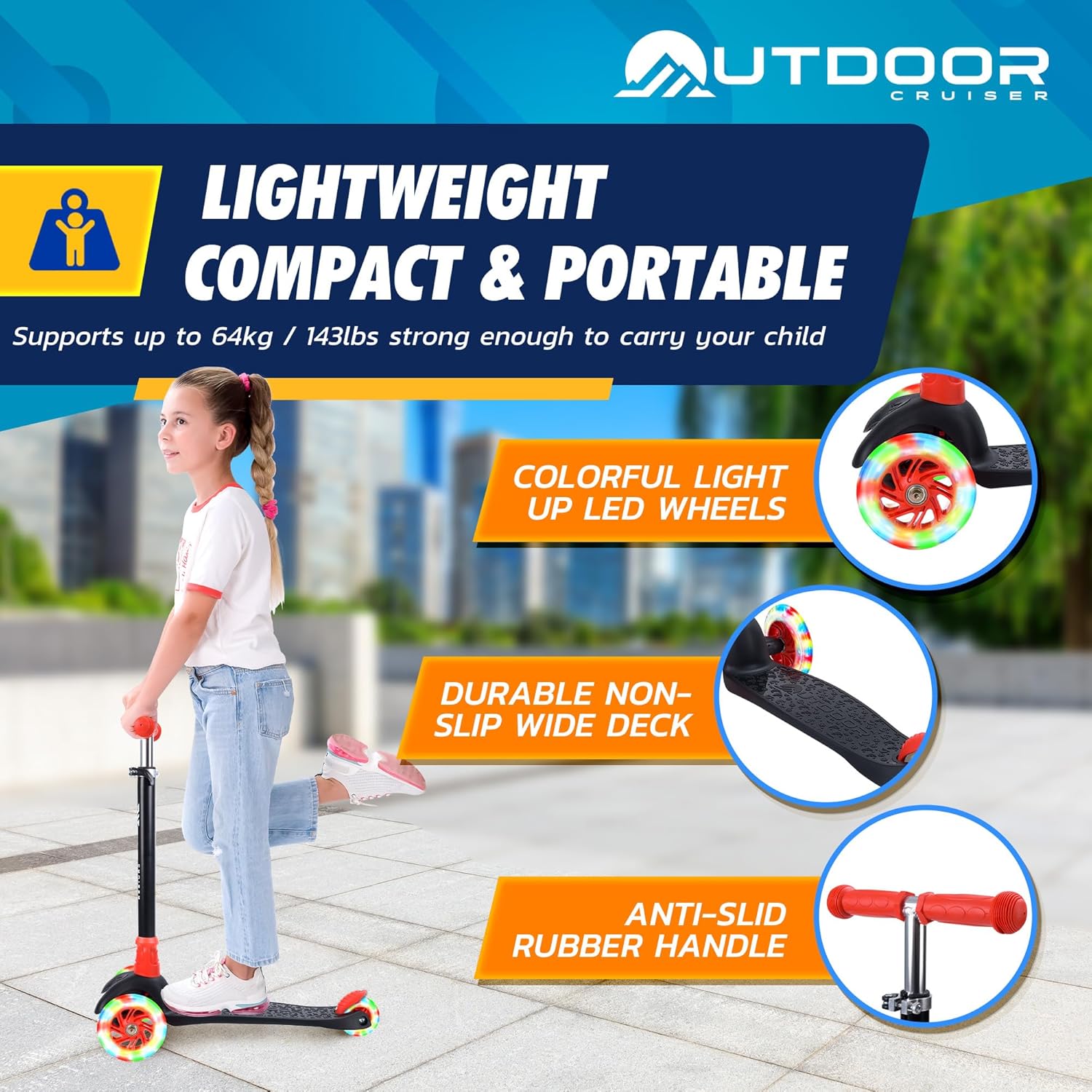 Outdoor Cruiser 3-Wheel Kids Scooter – with Lean-to-Steer Technology, Led Lighted Wheel, 4-Level Adjustable Height T-bar Handle, Support Kids Up to 150 Lbs, for Boys & Girls Ages 3-8, Black and Red - Image 5