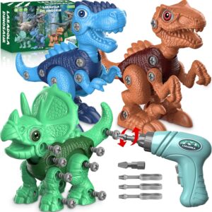 Laradola Take Apart Dinosaur Toys: 3 Pack Dinosaur Construction Building Set with Electric Toy Drill & Screwdrivers – STEM Educational Hands-On Play Birthday Gift for Boys Girls Ages 3-5 5-7