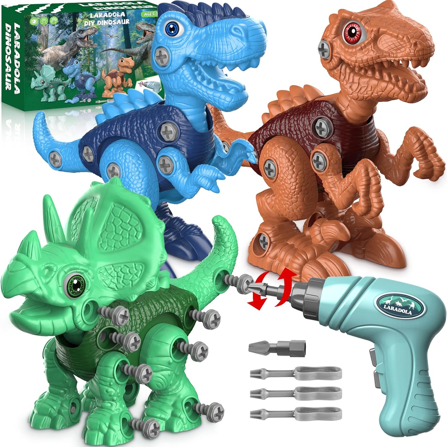 Laradola Take Apart Dinosaur Toys: 3 Pack Dinosaur Construction Building Set with Electric Toy Drill & Screwdrivers - STEM Educational Hands-On Play Birthday Gift for Boys Girls Ages 3-5 5-7