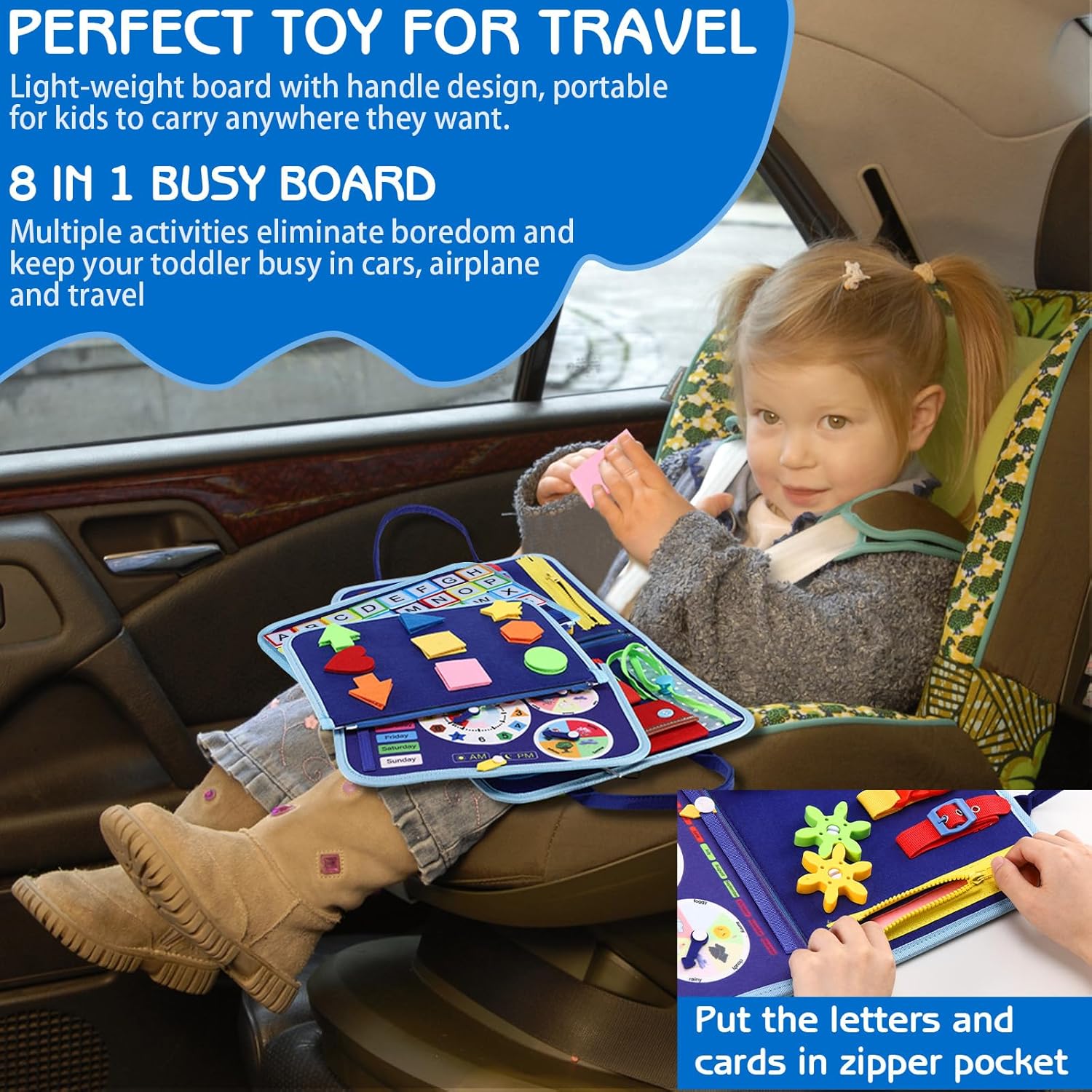 Esjay Toddler Busy Board Montessori Toys for Boys, Sensory Book Educational Activities for Learning Fine Motor Skills, Birthday Gifts for Boys Toddlers, Travel Toys for Airplane Car, Blue Dinosaur - Image 4